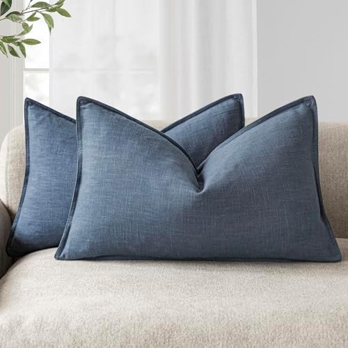 Foindtower Decorative Linen Lumbar Throw Pillow Covers 12x20 Inch Dark Blue by Foindtower
