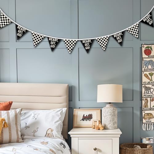 Race Car Room Decor for Boys Canvas Linen Garland Triangle Banners, Ready Set - Image 3