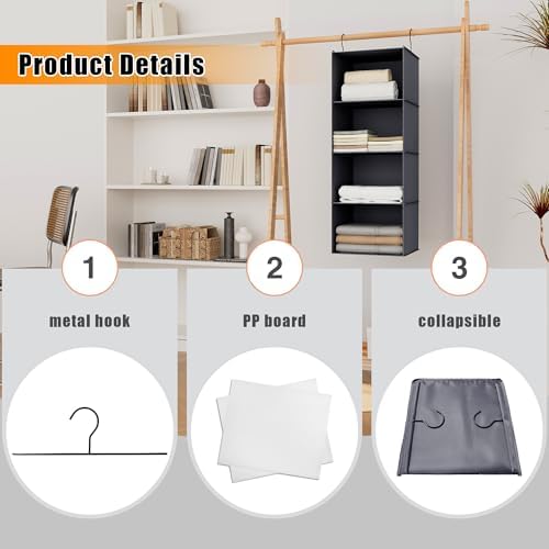 Hanging Closet Organizer 4-Shelf, Oxford Fabric Wardrobe Storage, Dark Grey - Image 6