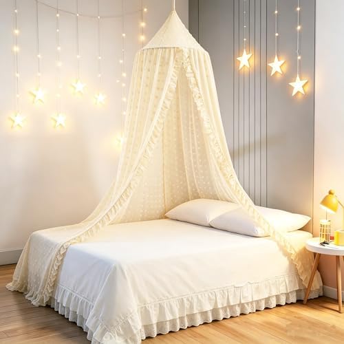 Mengesi Bed Canopy with Pom Pom- Lace Chiffon Canopy Bed Curtains, Ruffles - Image 2