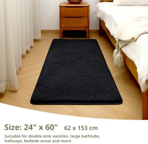 Polyester Bathroom Runner Rug 24"x60" Black, Soft Shaggy Bath Mat - Image 2