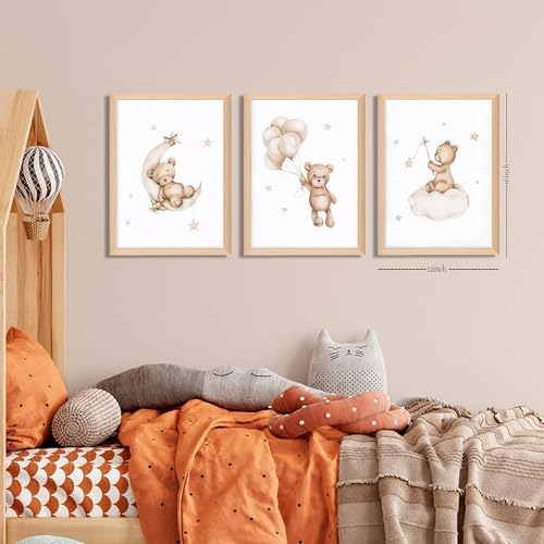 Framed Teddy Bear Wall Art Nursery Decor Set of 3, Bear Sleeping on The Moon - Image 3