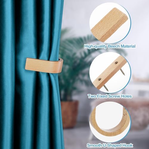 Kigley 4 Pcs Curtain Tiebacks Wood Holdbacks Wooden Curtain Hooks U Shaped - Image 5
