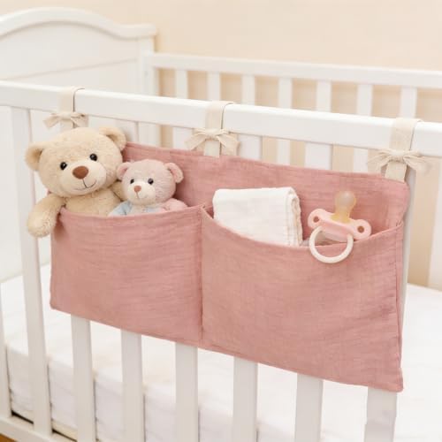 Muslin Cotton Baby Bedside Hanging Storage Bag, 2-Pocket Crib Diaper Caddy by DEZIGKA