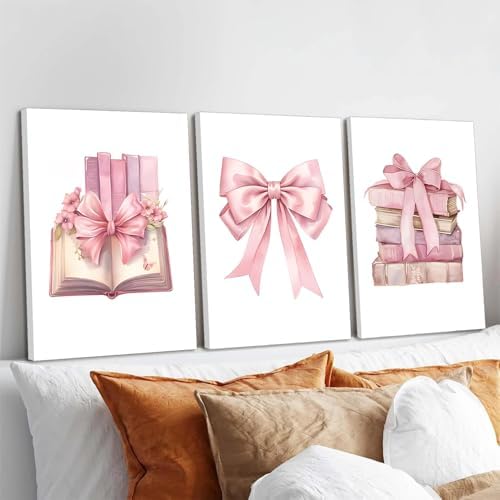 JBZZD Coquette Pink Bow Canvas Wall Art Set of 3, Book Lovers Gifts Preppy - Image 2
