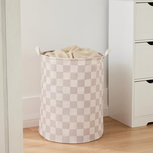 Ohocut Beige Khaki Checkered Laundry Basket, Collapsible Aesthetic Cute Canvas - Image 2