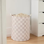 Ohocut Beige Khaki Checkered Laundry Basket, Collapsible Aesthetic Cute Canvas - Image 2