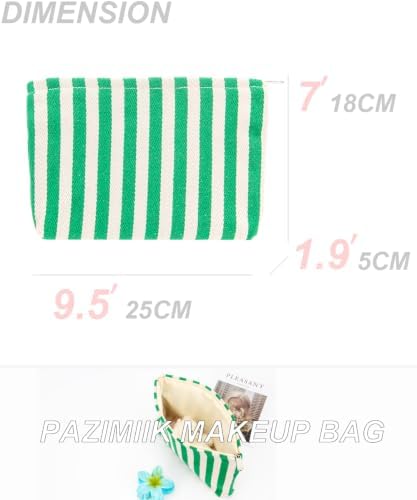 Flat Makeup Bag for Women, Zipper Cosmetic Pouch for Purse, Stripe Green - Image 4