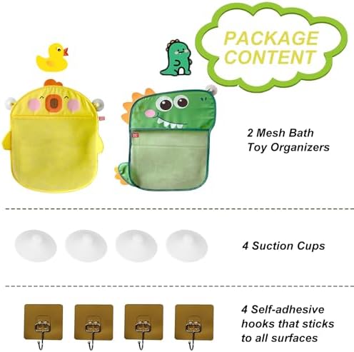 2 Pack Mesh Bath Toy Organizer, Anberky Cute Duck & Dinosaur Bath Toy Storage - Image 6