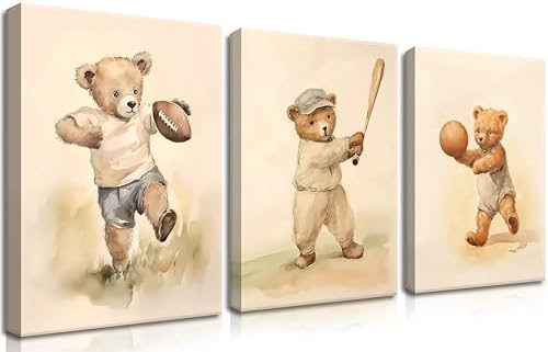 Bear Rugby Sports Nursery Canvas Wall Art Set of 3 by BGFCEWallArt