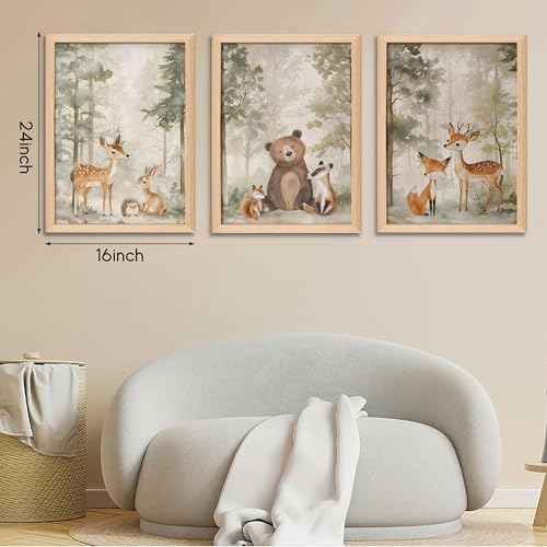 Framed Woodland Wall Art Set of 3, Wild Animals Nursery Wall Decor, Cute Bear - Image 3