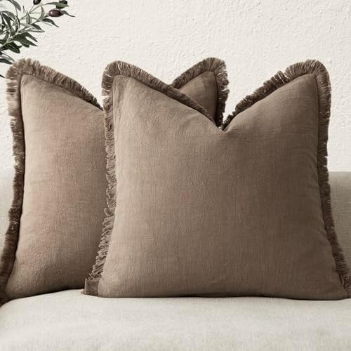 Foindtower Decorative Linen Fringe Throw Pillow Covers 22×22 Light Brown by Foindtower