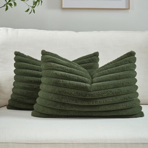 FUTEI Pack of 2 Faux Fur Throw Pillow Covers 12x20 Inch, Olive Green by FUTEI