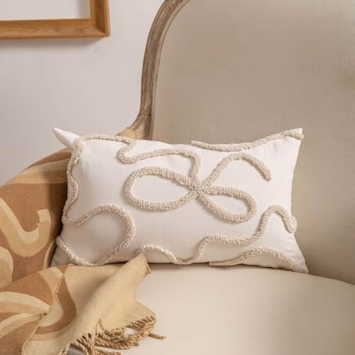 Coquette Bow Tufted Throw Pillow Cover 12x20, Boho Neutral Linen Cushion Case by RinRinfam