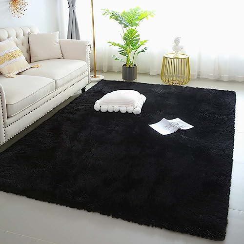 6x9 Black Shag Rug for Bedroom, Soft Plush Fluffy Washable Carpet by KICHOWUA