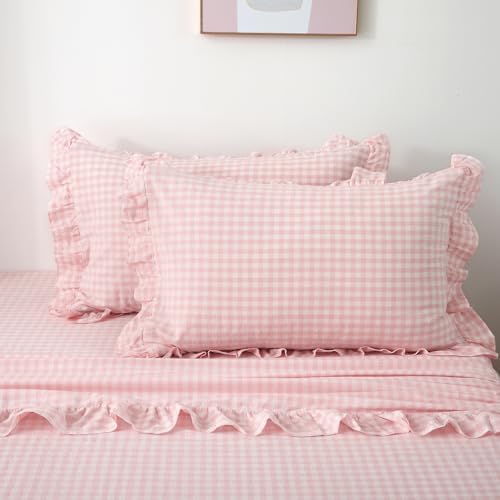 2 Pack Blush White Gingham Ruffle Standard Pillow Shams 20"x26" - Image 3
