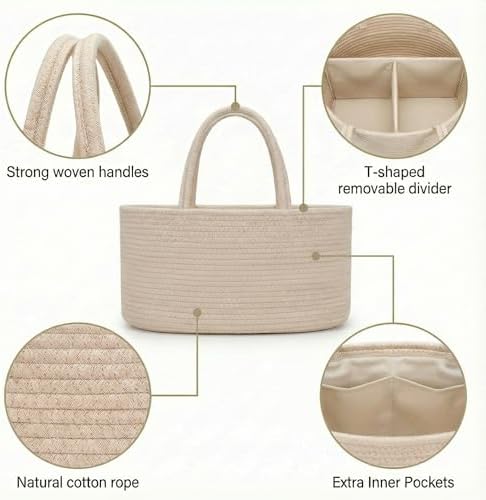 luxury little Diaper Caddy Organizer, Large Cotton Rope Nursery Baby Basket - Image 4