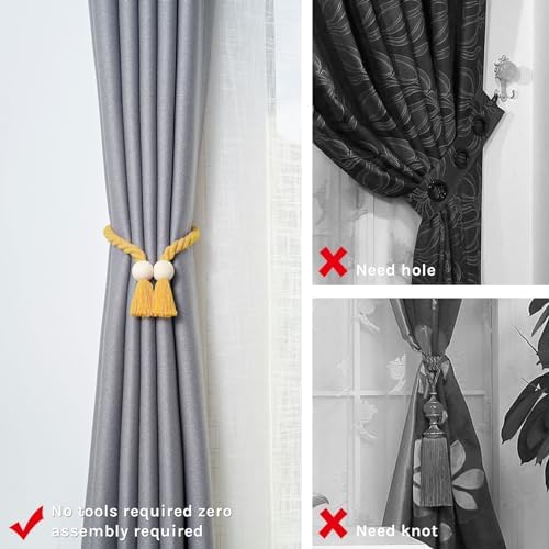 NICEEC 4 Pack Wooden Ball Magnetic Curtain Tiebacks Boho Home Decor Drape Tie - Image 2