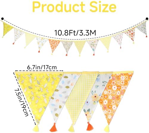 G2PLUS 10.8Ft Cotton Triangle Bunting Banner – 12pcs Yellow Floral Fabric - Image 2