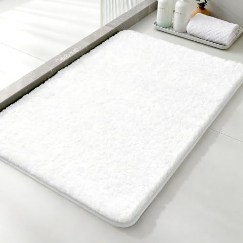 Polyester Bathroom Rug 24"x36" White, Non-Slip Soft Shaggy Bath Mat by Kildoss
