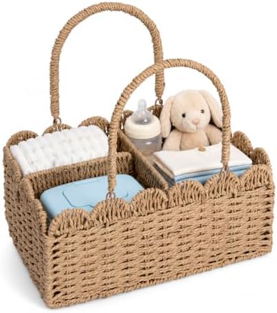 Large Wicker Diaper Caddy Organizer, Scalloped Nursery Basket by Unknown