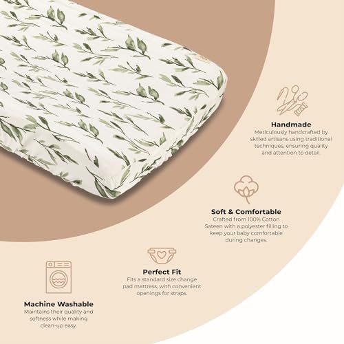 Crane Baby Changing Pad Cover, 100% Cotton Sateen Exterior, Floral Leaf Baby - Image 2