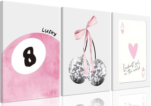 JBZZD Pink Coquette Canvas Wall Art Set of 3 Trendy Preppy Disco 8 Ball Cherry by JBZDD