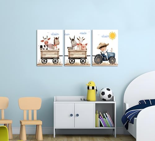 3Pcs Cute Farm Animals Canvas Wall Art Nursery Cartoon Watercolor Animal - Image 6