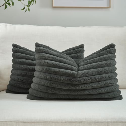 FUTEI Pack of 2 Faux Fur Throw Pillow Covers 12x20 Inch, Dark Grey by FUTEI