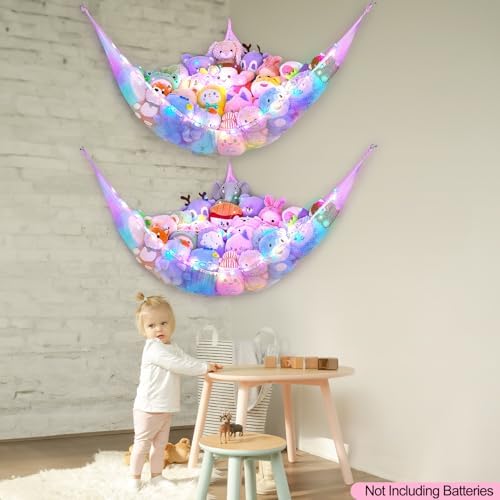 Stuffed Animals Hammock with LED Light Toy Net Room Decor Corner Storage - Image 2