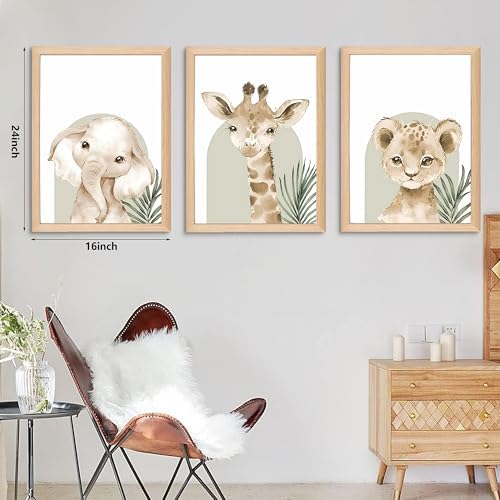 Framed Cute Animal Wall Art Nursery Decor Set of 3, Watercolor Elephant Giraffe - Image 3