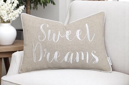 Rudransha Sweet Dreams Embroidered 12x18 Lumbar Pillow Cover, Natural Linen - Image 2