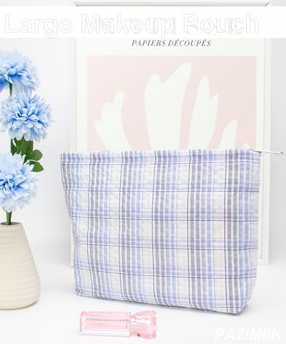Flat Makeup Bag for Women, Zipper Cosmetic Pouch for Purse, Plaid Sky Blue - Image 5