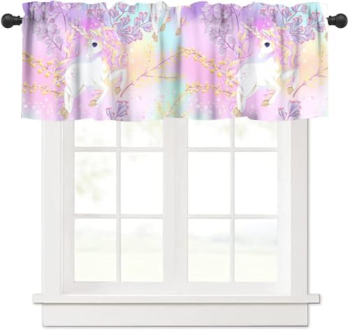 Fantasy Unicorn Valance Curtain, Fairy Tale Flowers Pink Blue Purple Rainbow by JanJCurt