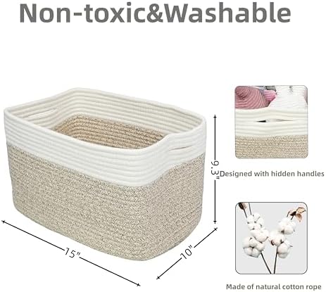 XUANGUO Woven Cotton Rope Storage Baskets 15x10x9.3" 3 Pack White and Brown - Image 2