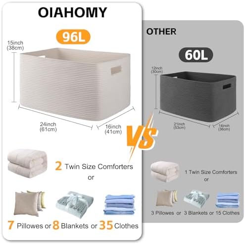 OIAHOMY 96L XXXLarge Blanket Basket Woven Cotton Rope Storage Basket White - Image 3