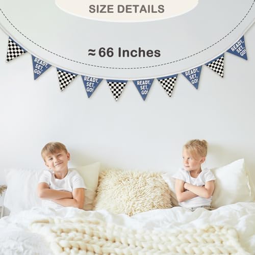 Race Car Room Decor for Boys Canvas Linen Garland Triangle Banners, Ready Set - Image 5
