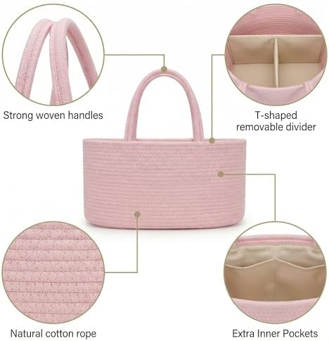 luxury little Diaper Caddy Organizer, Large Cotton Rope Nursery Baby Basket - Image 4