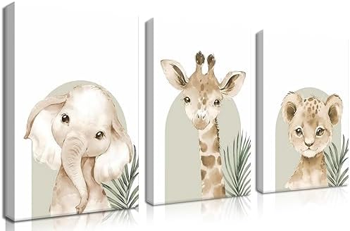 Nursery Wall Decor Set of 3, Cute Animal Lion Elephant Baby Pictures Poster by BGFCEWallArt