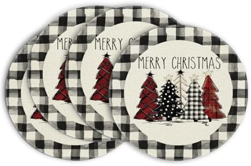 Artoid Mode Waterclor Buffalo Plaid Christmas Trees Merry Xmas Round Placemats by ArtoidMode