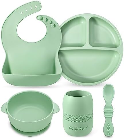 PandaEar Silicone Baby Feeding Set, 6-12 Months, Bib Plate Bowl Cup Spoon by PandaEar