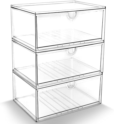 Prsildan Acrylic Makeup Organizer, 3 Pack Stackable Clear Storage Drawers by Prsildan