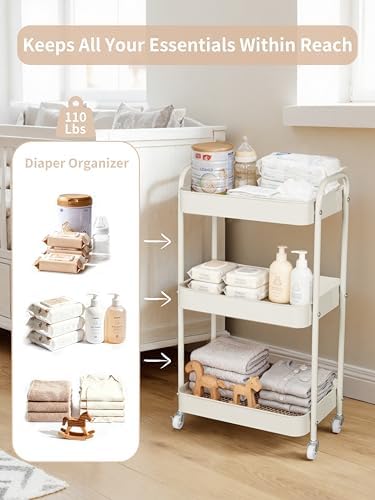 Fortella Baby Diaper Caddy, 3 Tier Rolling Cart - Image 3