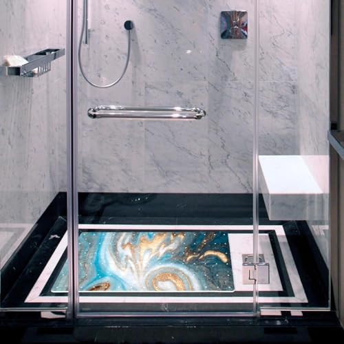 Bathtub Mat Non Slip 26.8x15.1In, Cyan Gold Marble Bath Mat - Image 6