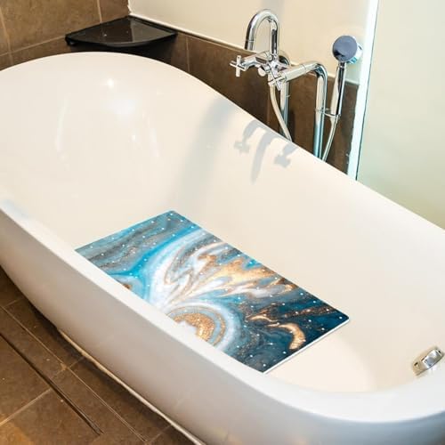 Bathtub Mat Non Slip 26.8x15.1In, Cyan Gold Marble Bath Mat - Image 5