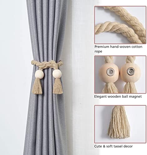 NICEEC 4 Pack Wooden Ball Magnetic Curtain Tiebacks Boho Home Decor Drape Tie - Image 3