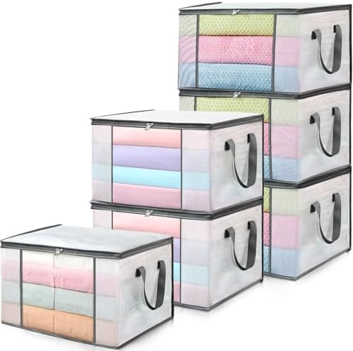 LANDNEOO 6-Pack Clothes Storage Bags, Plastic Foldable Blanket Storage bins by MakeLifeBetterEasier