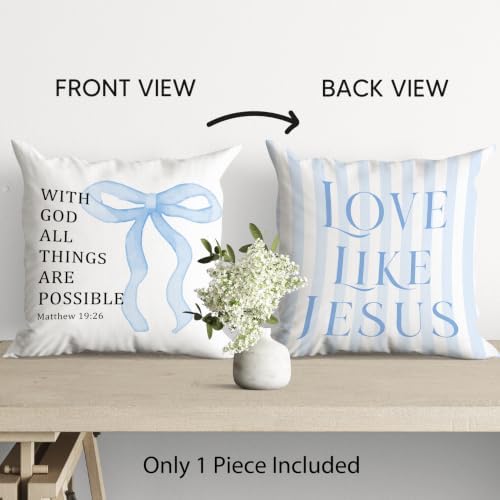 kdqua Blue Bow Christian Pillow Cover 18x18 Double-Sided, Love Like Jesus Bible - Image 2