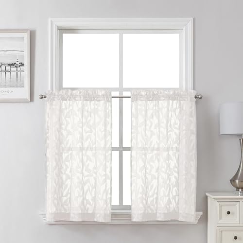Lecloud Leia Ivory Sheer Curtains 30 Inch Length 2 Pcs, Jacquard Leaf Textured by Lecloud