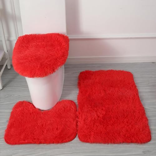 Red Bathroom Rugs Sets 3Piece Bath Mat Solid Bath Rug Floor Mats Washable by Eanpet